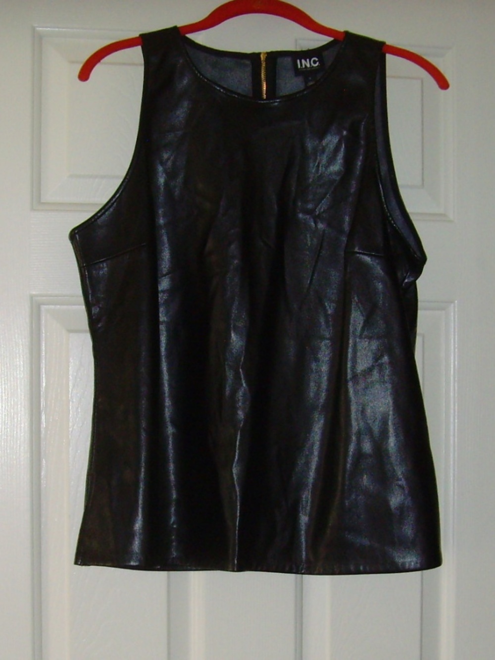 INC Black Faux Leather Sleeveless Zip Back Large with Side Slits